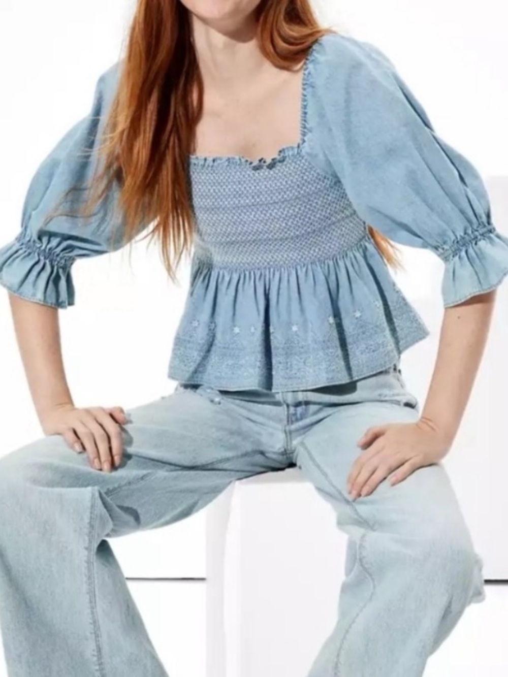 NWT American Eagle Denim Embroidered Light Blue Smocked Peasant Top